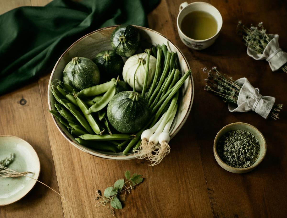 Illustrative image: Seasonal vegetables and dried herbs on a wooden table
